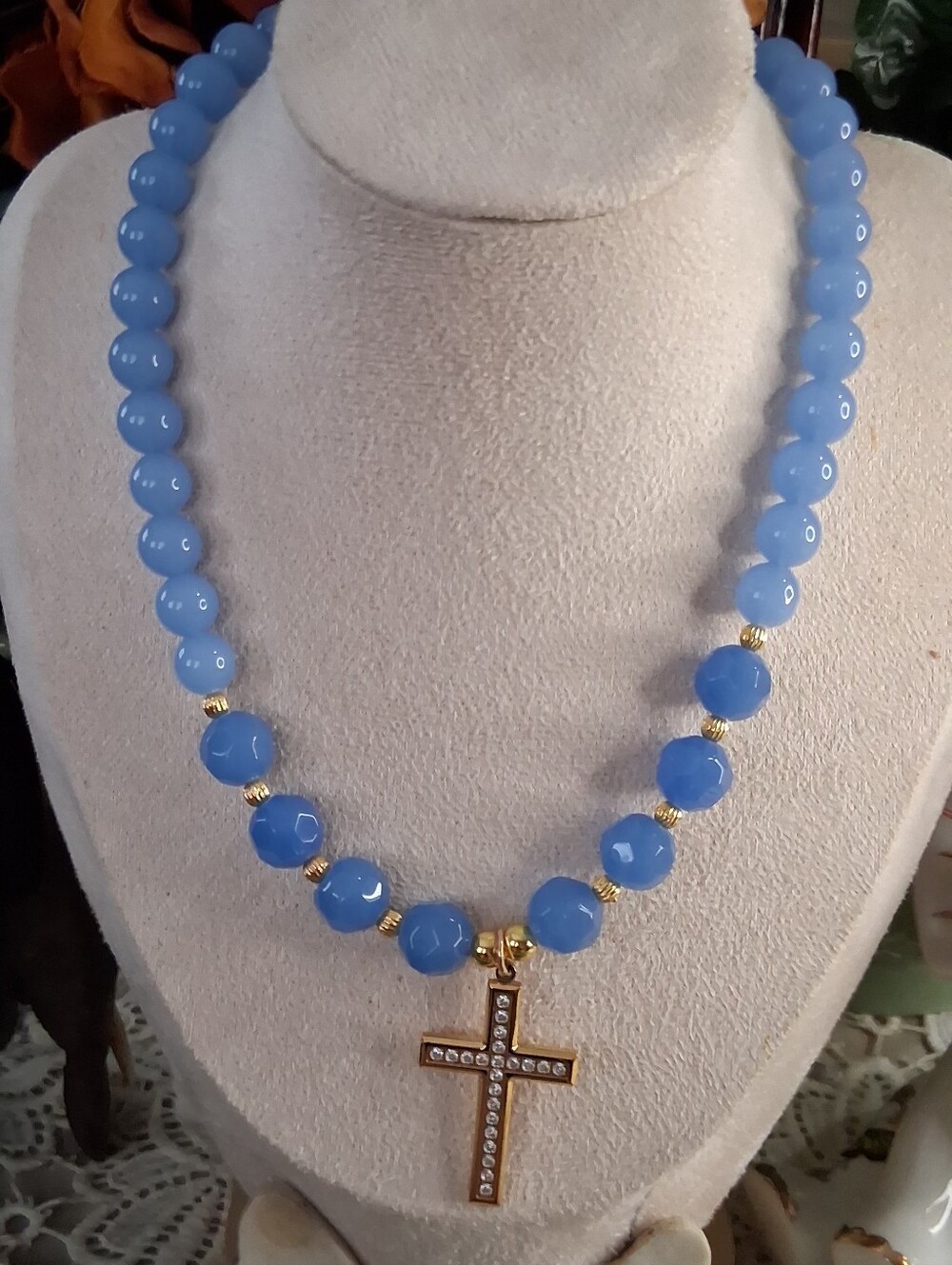Blue Beaded Cross Pendant Necklace - Gold Accents
